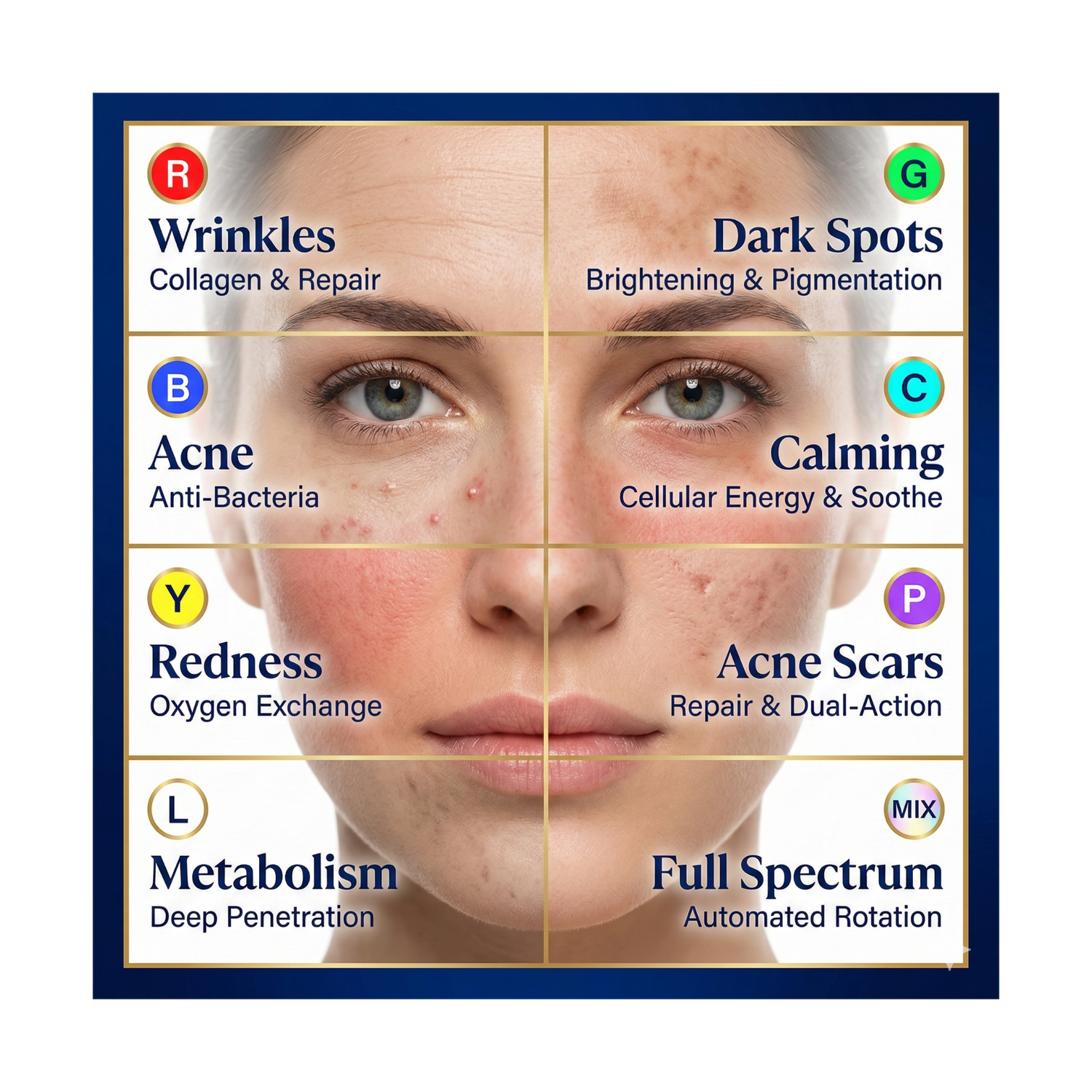 Facial chart showing different skin concerns and corresponding treatment categories.
